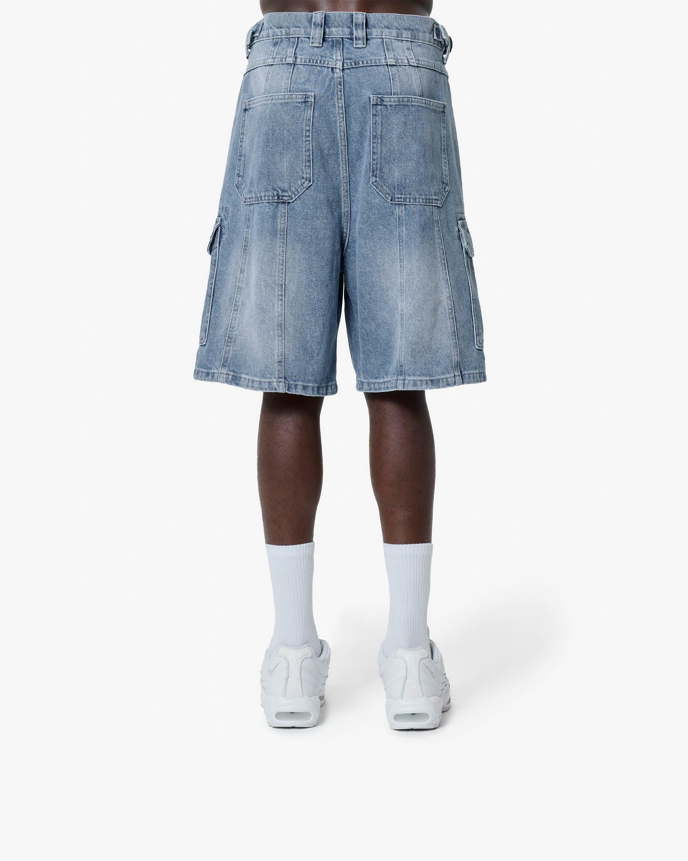 BLUE WASHED DENIM CARGO JORTS