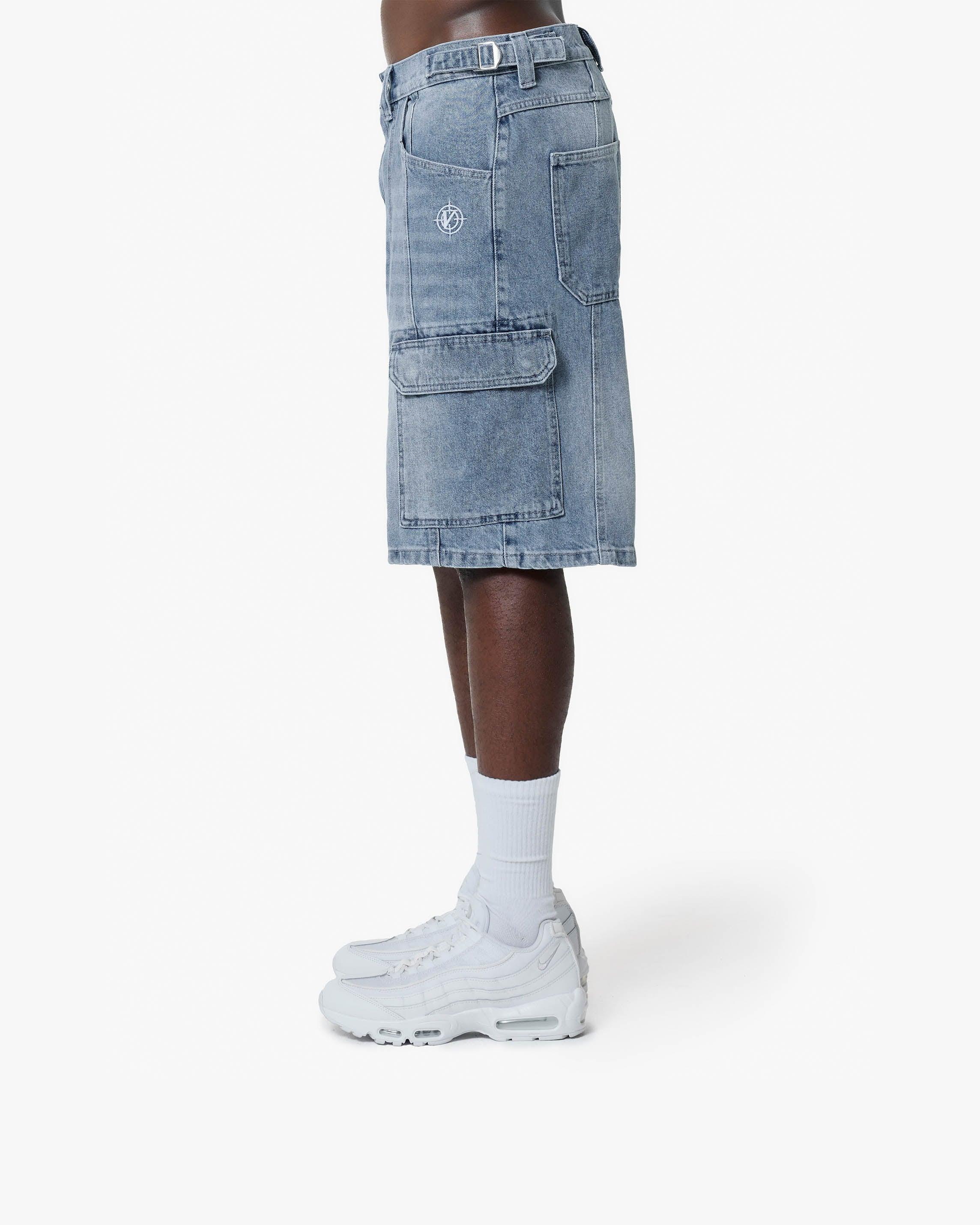 BLUE WASHED DENIM CARGO JORTS